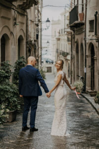 Couple in Sicily Ortigia Syracuse right after civil wedding